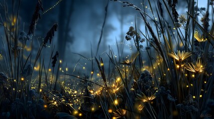 Firefly trails illuminate meadow at dusk