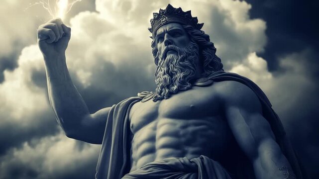 A colossal statue of Zeus god raises a lightning bolt in hand amid swirling dark clouds, showcasing power and Greek mythology