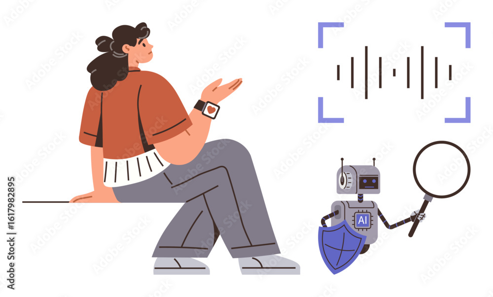 Poster woman seated, gesturing while a robot with ai tag holds magnifying glass. waveform represents data a