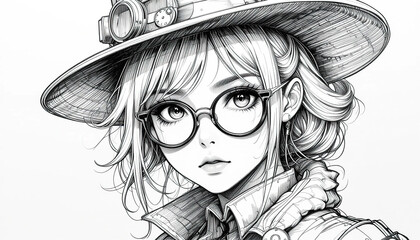 Portrait of a steampunk woman wearing a hat with mechanical parts and a clock. Detailed anime style portrait