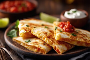 Stack of quesadillas with toppings.