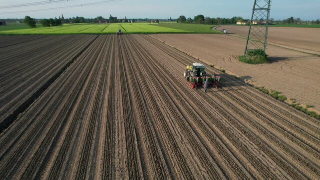 A tractor and a team of agricultural workers plant tomato seedlings in neat rows on prepared earth, bordered by vibrant green crops in a rural landscape slow motion shot
