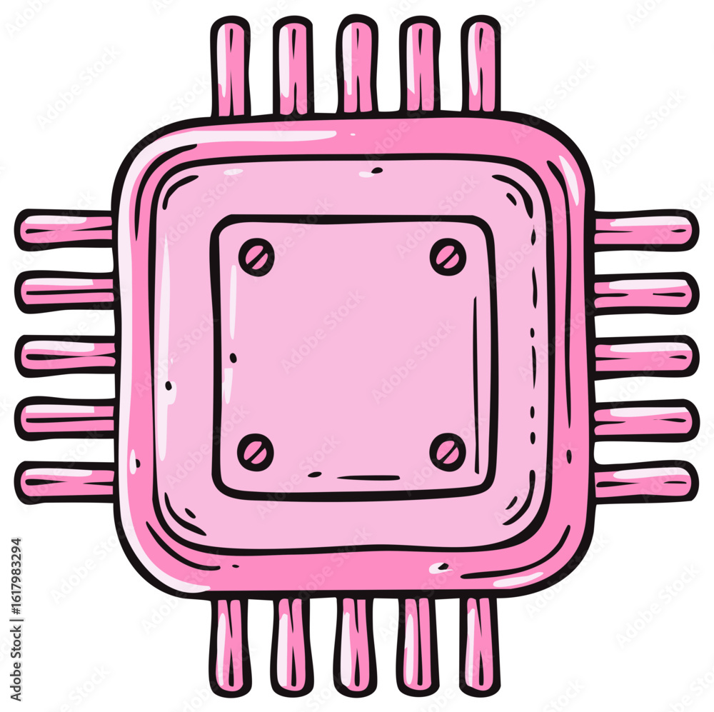 Poster pink doodle style computer chip processor element illustration for technology