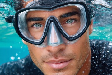 Naklejka premium Underwater adventure with focused diver's eyes