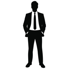 Silhouette of a man in a suit standing with hands in pockets