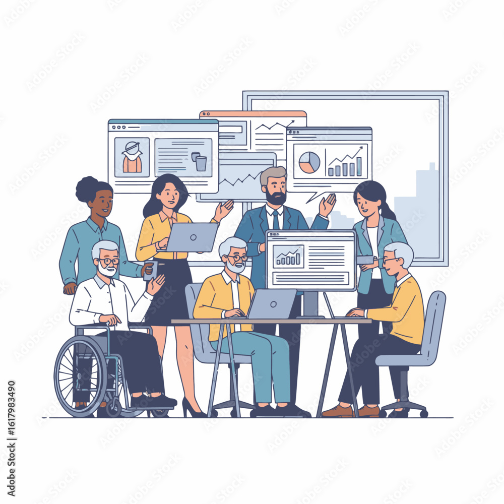 Aufkleber diverse team of professionals, collaborating on a business project using laptops and charts in a mod
