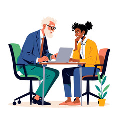 A meeting scene with two people, a laptop, and office chairs, highlighting joy, teamwork, and collaboration in a modern, inclusive workspace focused on communication and creativity