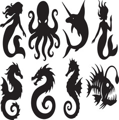 Tribal black and white animal silhouettes: dragon, horse, lion, and monster vector illustrations perfect for tattoo art and medieval heraldic designs