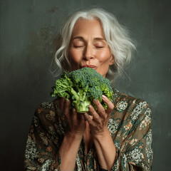 Professional photos of a mature nutritionist
who eats vegetables with appetite, emphasizing healthy eating.Art casual photo shoot.
