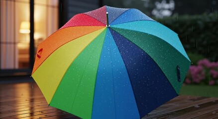 Rainbow umbrella on a wet wooden deck in the rain - Powered by Adobe
