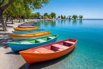 Colorful rowboats lined up on serene lakeshore