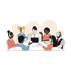 Inclusive workplace culture, people sitting at a table with papers and a laptop during a meeting, wearing headsets, representing collaboration, communication, and team diversity