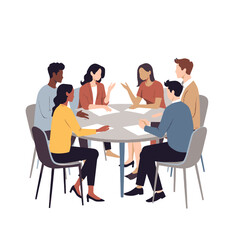 Six diverse people sit at a round table with papers, actively engaged in discussion, reflecting collaboration, teamwork, and an inclusive workplace culture in a modern professional setting