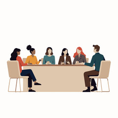 Six diverse people sitting around a large table, engaged in lively discussion and collaboration, representing joy, teamwork, and a positive workplace environment