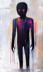 Abstract Humanoid Figure with Colorful Drips, Red Eyes and Textured Background