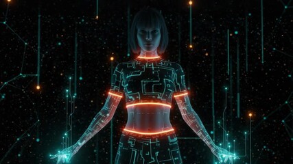 A futuristic female figure with glowing circuit patterns stands in a digital landscape filled with floating data points symbolizing technology and innovation in a virtual realm - Powered by Adobe