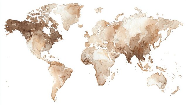 Watercolor world map, muted browns and creams
