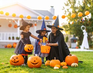 A family with young children dressed as witches, vampires, and superheroes is laughing and collecting candy together
