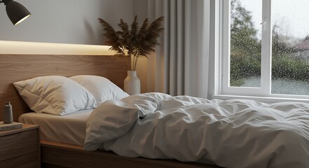 Cozy Scandinavian hygge bedroom with rainy window view