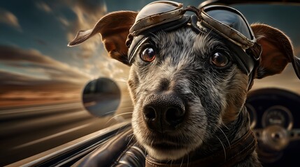 Dog in goggles enjoys summer road trip adventure