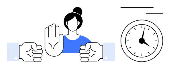 Woman raising hand to signal stop, opposing clenched fists, alongside clock imagery. Ideal for boundaries, time management, workplace harmony, negotiation, stress control, teamwork simple flat
