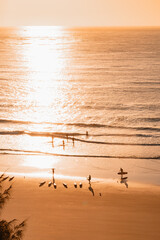 Silhouettes and shadows of early morning surfers at first light at Yamba Main Beachpeopl