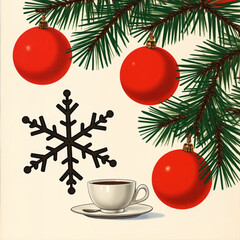 Christmas decorations with red balls, snowflake, and coffee cup on white background, festive mood, copy space