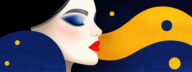 Close Up Woman's Face Illustration Red Lips Blue Gold Abstract Background