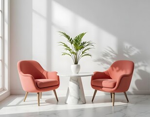 Modern living room interior design with elegant coral armchairs and plant basking in sunlight