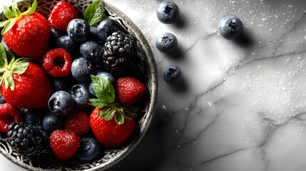 Fresh berry bowl on white marble counter