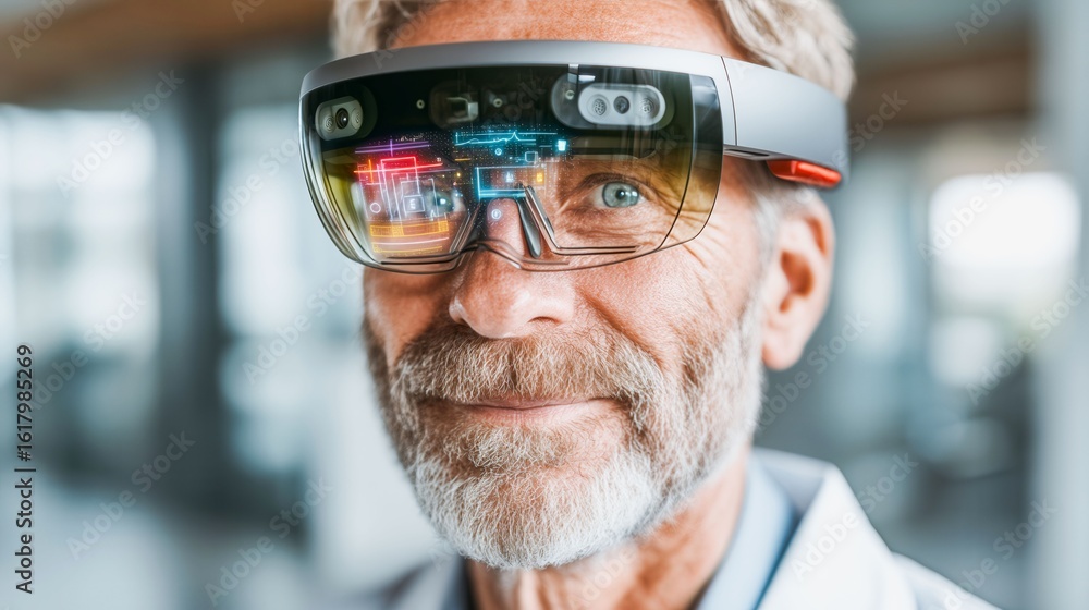 Poster a man wearing a pair of virtual reality goggles. he is smiling and looking at the camera. the goggle
