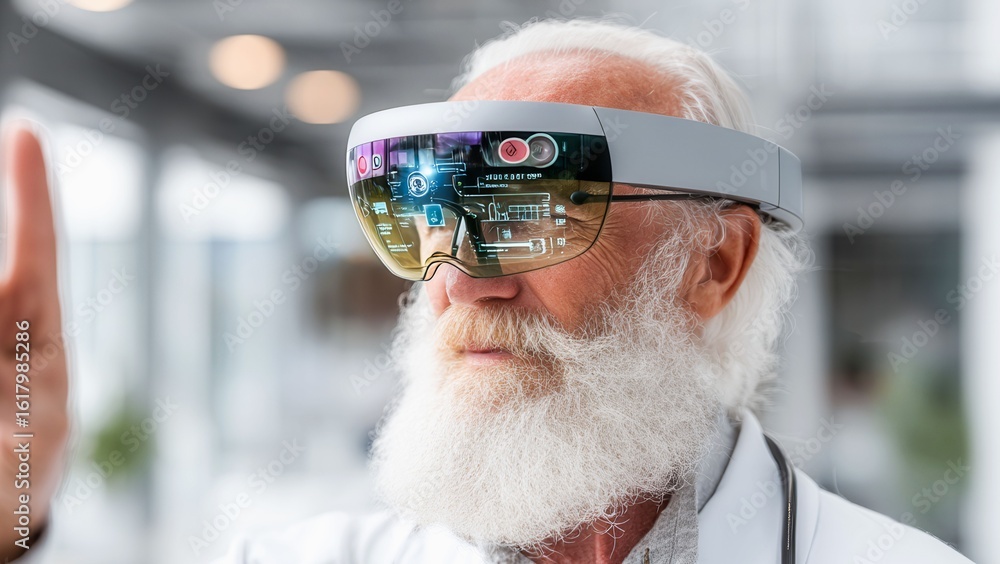 Poster a man with a beard and glasses is wearing a virtual reality headset. he is looking at a screen and h