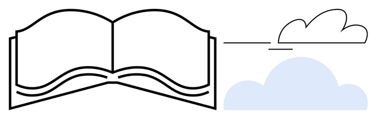 Open book with flowing lines leading to cloud drawings, symbolizing knowledge, imagination, and freedom. Ideal for education, creativity, storytelling, reading, inspiration learning