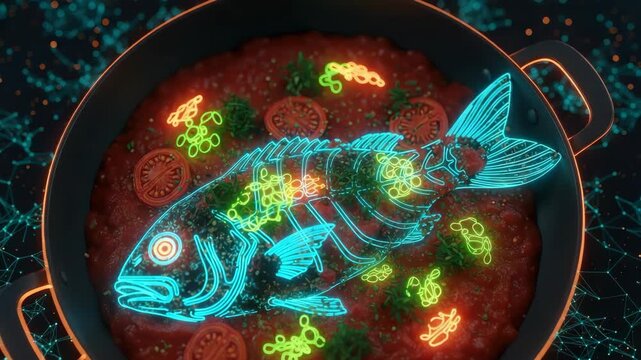 A vibrant digital illustration of a fish displayed on a bed of tomato sauce surrounded by glowing herbs and ingredients set against a futuristic interconnected background ideal for culinary and tech-t