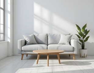 Serene living room featuring stylish modern sofa, wood table, and potted plant bathed in sunlight