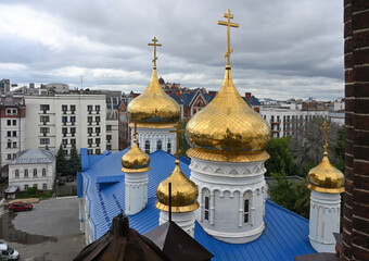 Golden domes of the Epiphany Cathedral in the center of Kazan, Russia
