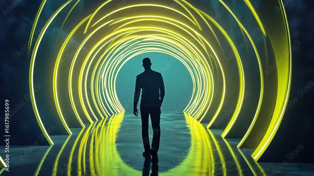 Poster a man walks alone through a digital tunnel illuminated by yellow neon lights, creating a captivating