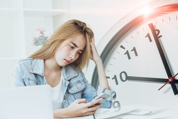 Stress worry women office worker receiving message payment overdue, Times to pay billing invoice
