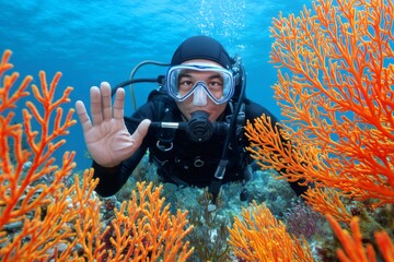 Scuba diver exploring vibrant coral reef underwater