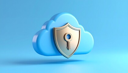 Cloud security concept with shield and key on blue background, data protection