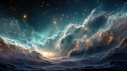 Brilliant Interstellar Cloud Background with Glittering Stars and Flowing Nebula Sci-Fi Space Scene Design Element