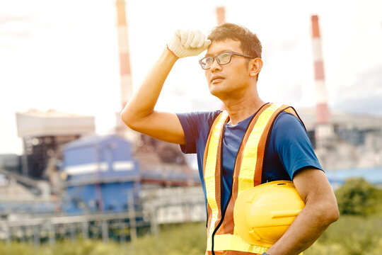 Tired worker, Hard working outdoor, Engineer male exhausted sweating work in UV heat environment