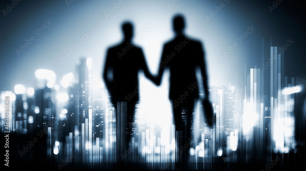 Poster two men are holding hands in a cityscape. concept of connection and unity between the two individual