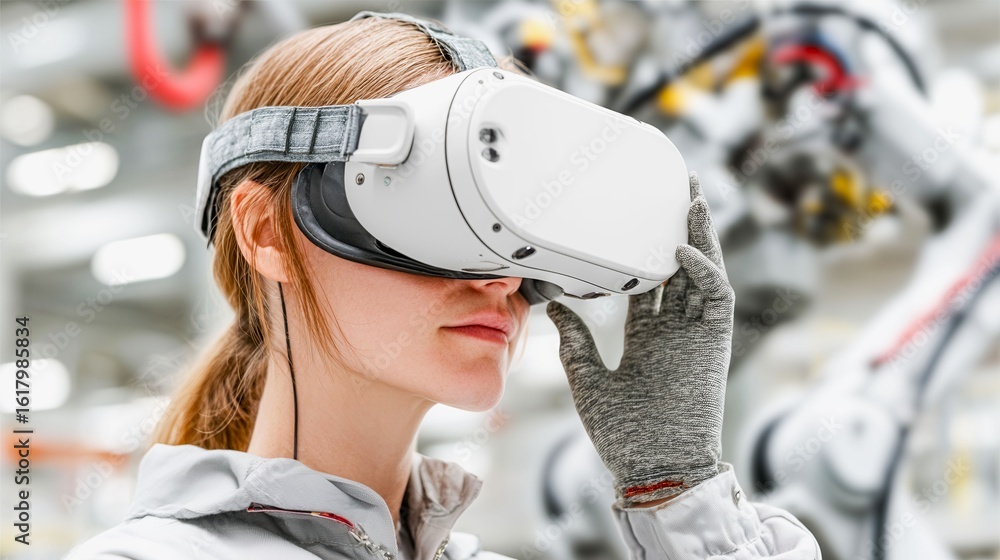 Poster a woman wearing a vr headset is looking at a robot. the robot is in a factory setting