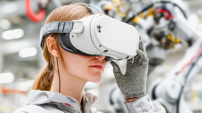 A woman wearing a VR headset is looking at a robot. The robot is in a factory setting