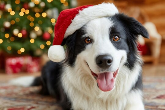 Border collie dog wearing christmas hat lying near christmas tree
