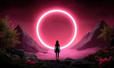 Figure Silhouetted by Magenta Sky Luminous Ring Mountain Peaks and Lush Greenery Digital Art