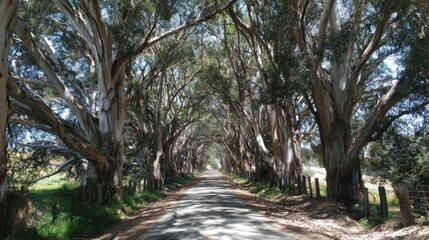 Fototapeta premium A serene road surrounded by towering trees, creating a tranquil path through nature's beauty.