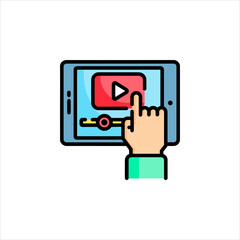 Hand interacts with video player on tablet device, showcasing modern technology and digital entertainment in a clean and minimalist style.