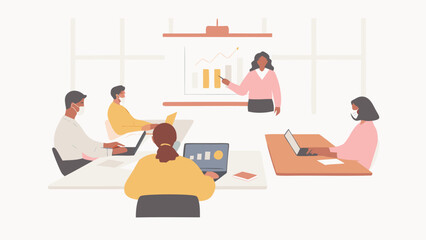 Illustration of a presentation with people wearing masks in a meeting room with laptops and charts